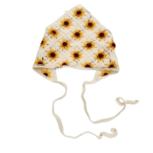 Handmade crochet sunflower head kerchief with vintage floral knit patterns in cream
