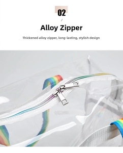 Detailed view of heavy-duty alloy dual zippers on a transparent PVC beach tote bag