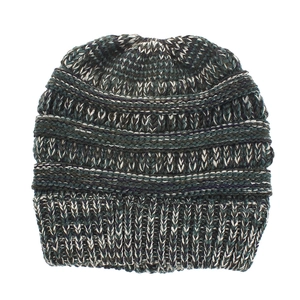 Detailed view of the multi-color thick knit texture on this warm winter beanie cap