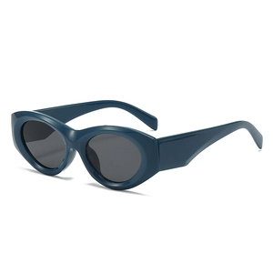 INS style oval full-frame sunglasses with dark blue glossy finish and grey lenses