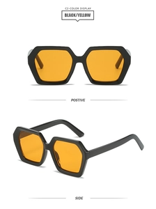 Front and side views of thick black hexagonal sunglasses with bright yellow lenses