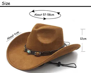 Size chart showing 9cm brim and 58cm circumference for brown suede western cowboy hat