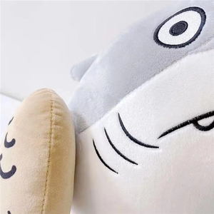 Detailed close-up of shark plush toy showing soft fabric texture and embroidery