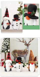 Close-up of plush Christmas gnomes and snowman dolls with festive holiday textures