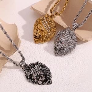 Three hip hop crown lion head pendants in gold, silver and dark finishes on twisted rope chains