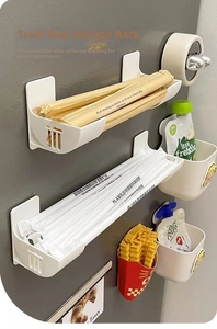 Wall-mounted white storage rack with adhesive backing for kitchen and bathroom use