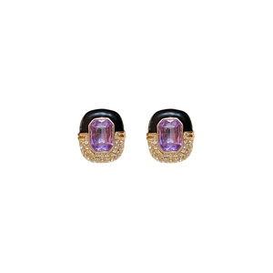 Vintage enamel square earrings with purple emerald-cut gemstone and gold finish