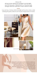 Detail of elegant champagne gold satin nightgown with slim straps and V-neck design