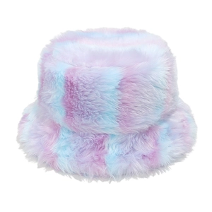 Detail view of the thick pastel rainbow faux fur texture on this winter bucket hat