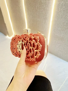 Luxury red rhinestone evening clutch bag with golden metal flower and chain strap
