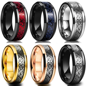 Men Celtic Dragon Ring Tungsten Carbide Stainless Steel Beveled Edge Carbon Fiber Inlay Comfort Fit Band Jewelry