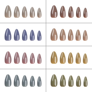 Glossy solid color press-on nails set in long stiletto shape with 8 Morandi tones