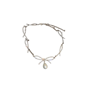 Silver bowknot choker necklace with sparkling crystals and a dangling pearl pendant