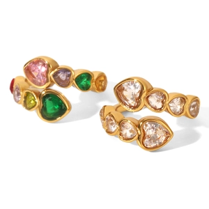 18k gold plated stainless steel open ring with heart shaped zircon in colorful and white