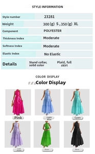 Detailed fabric specification showing 100% polyester plaid texture for the maxi dress
