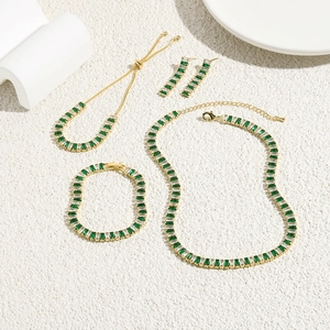Emerald Green White Rectangular Cubic Zirconia Necklace Bracelet Earrings Ring Jewelry For Women Gold Plated Brass Elegant Wedding Banquet Accessory