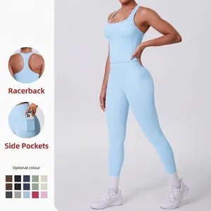 Women's Brushed Racerback Yoga Top And Bottom High Waist Leggings With Side Pockets Quick Dry Running Fitness Activewear Sport Outfit