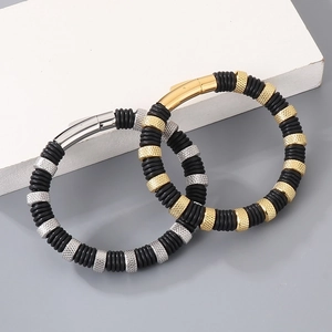 Men's stainless steel bead bracelet with black microfiber cord in gold and silver finish