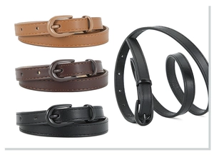 Detail showing colorful PU leather belts with classic metal buckles in multiple shades