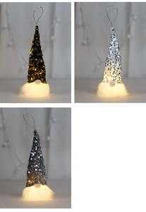 Three glowing sequined Christmas gnomes in black, silver, and grey with warm LED lights