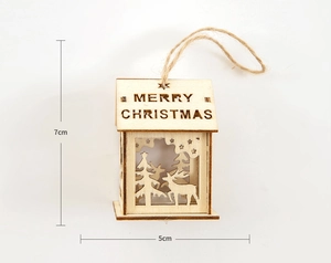 Detail view of wooden Christmas house ornament with laser-cut reindeer and size markings