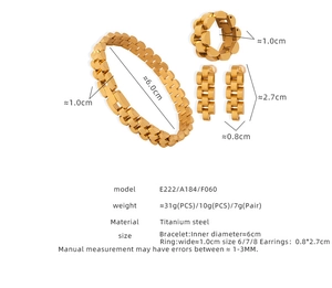 Detailed view of titanium steel jewelry set with dimensions for bracelet, ring and earrings