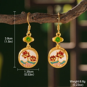 Detail view of lotus flower earrings showing 3.8cm length and enamel design