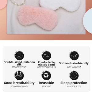 Detail of pink and white plush sleep masks featuring breathable silk lining and elastic band