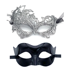 Detailed set of silver lace phoenix mask and black polished plastic masquerade mask