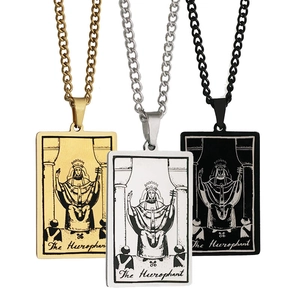 Detailed view of The Hierophant tarot necklaces in gold, silver, and black stainless steel