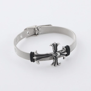 Gothic skull cross stainless steel mesh bracelet with adjustable belt buckle clasp