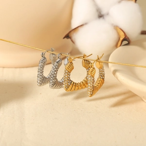 Geometric Trapezoid Hoop Earrings 18K Gold Plated Stainless Steel Pave Cubic Zirconia Screw Texture Fashion For Women