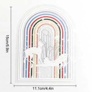 Rainbow suncatcher window sticker with cats and stars design showing product dimensions