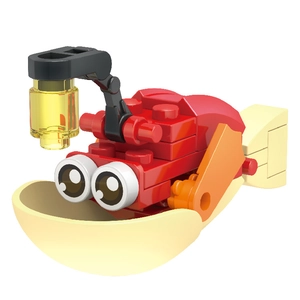 Detailed view of red anglerfish building blocks with translucent yellow lure and orange fins