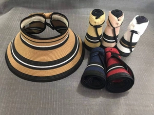 Rollable straw sun visors for women showing portable foldable design in multiple colors