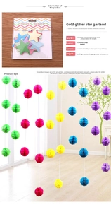 Colorful paper honeycomb balls and gold glitter star garlands for party venue decoration