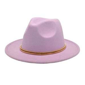 Detail of lavender wool fedora hat featuring a stylish gold metal decorative band and flat brim