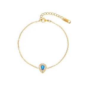 Detail of adjustable gold chain bracelet with blue teardrop stone and lobster clasp