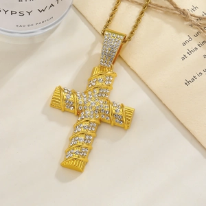 Hip hop gold cross pendant necklace with clear crystals and twisted chain display