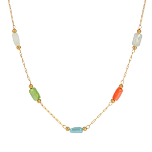 Detail showing gold chain necklace with colorful rectangular crystal beads and metal spacers