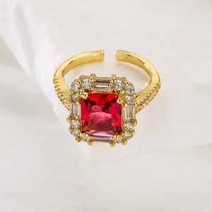 Retro 18K gold plated open ring with square red zircon and white crystal accents