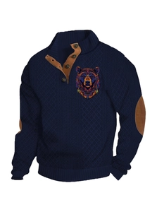 Dark blue long sleeve sweater with stand collar button and colorful bear embroidery