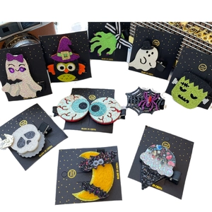 Lot de 9 pinces à cheveux d'Halloween avec fantôme araignée et citrouille sur cartes