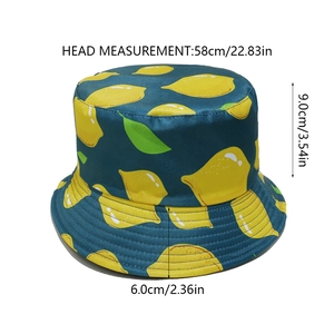 Détails du chapeau bob bleu marine à motifs citrons avec dimensions 58cm 9cm et 6cm
