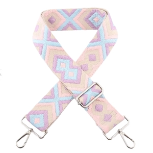 Detail of 3.8cm ethnic embroidered shoulder strap with pink blue geometric patterns