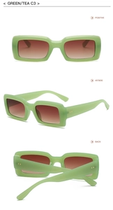 Three views of green rectangle sunglasses with gradient lenses and C3 color details