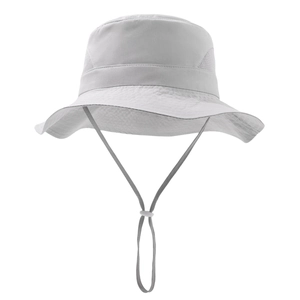 Detail of light grey kids bucket hat featuring breathable mesh vents and adjustable chin strap