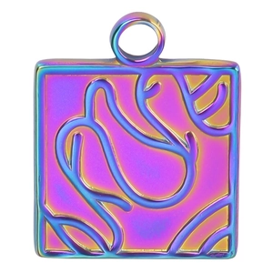 Macro detail of square iridescent titanium pendant with abstract lines and 18k plating
