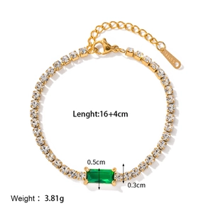 Detail of gold emerald zircon bracelet showing 16+4cm length and lobster clasp