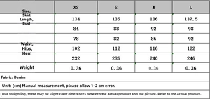 Size chart showing XS to L measurements for a denim midi dress with bow details
